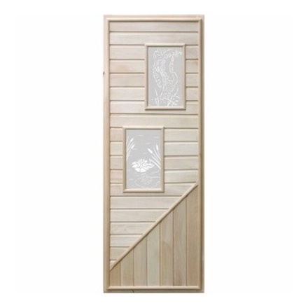 Дверь деревянная для бани DoorWood 1850x750 Вагонка 2 стекла прямоугольных, коробка липа