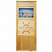 Дверь деревянная для бани DoorWood Штурвал 1840x740 со стеклом Парусник
